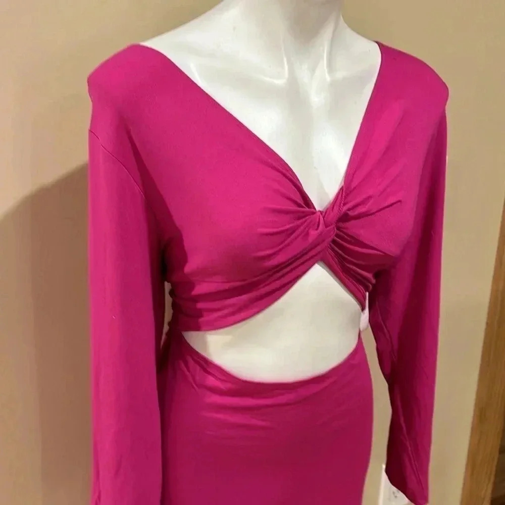 Old Navy Fit & Flare Twist-Front Cutout Midi Dress in Raspberry Tart Women' - Picture 3 of 10